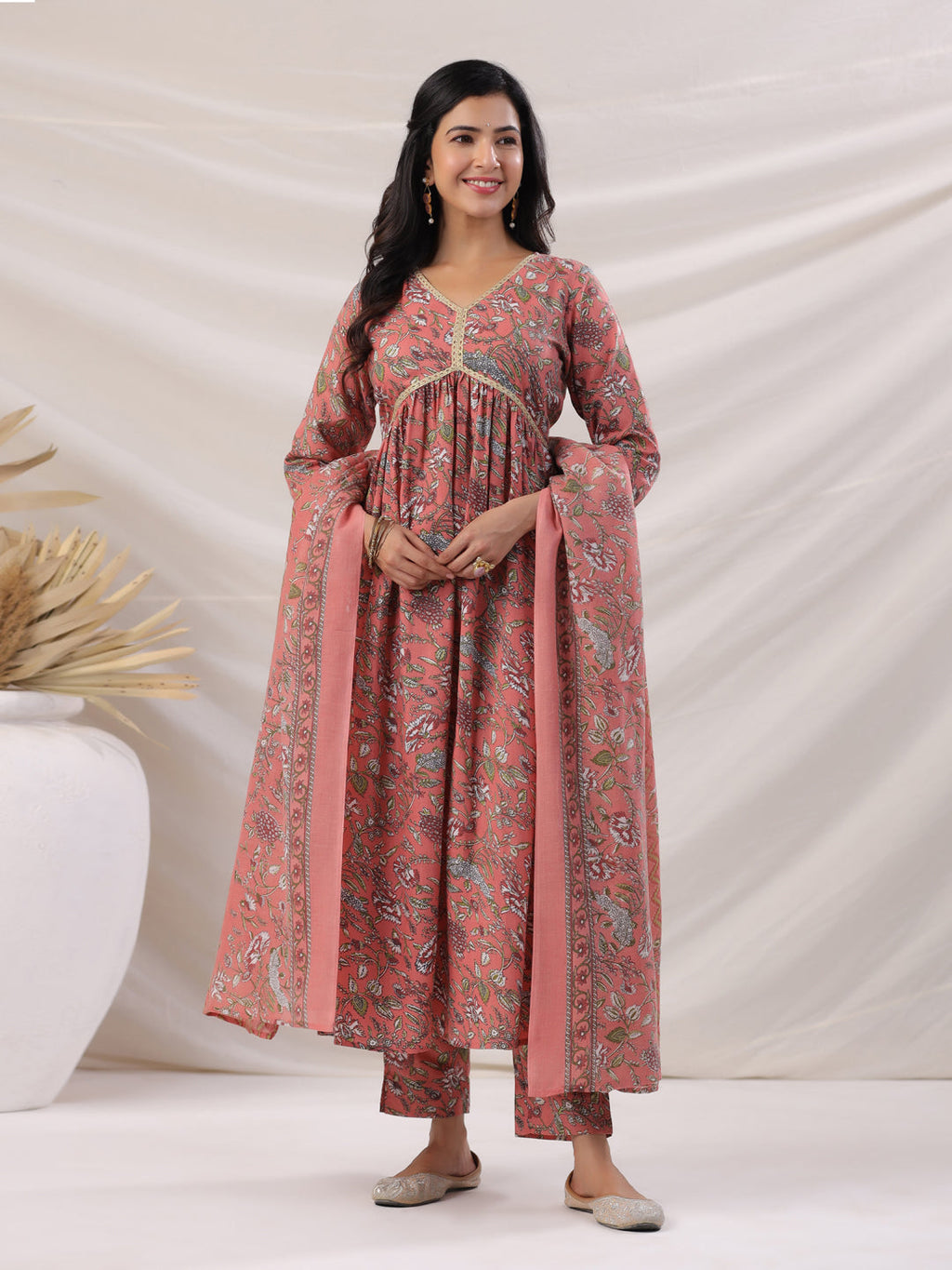 Janasya Pleated Poly Cotton Peach Floral V-Neck Kurta,Bottom & Dupatta