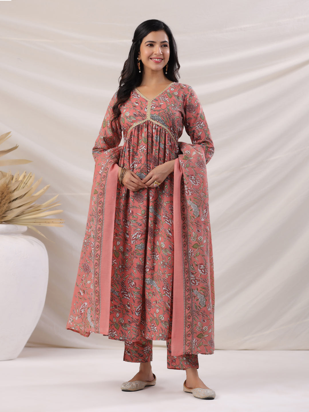 Janasya Pleated Poly Cotton Peach Floral V-Neck Kurta,Bottom & Dupatta