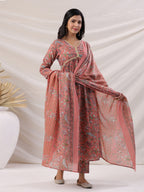 Janasya Pleated Poly Cotton Peach Floral V-Neck Kurta,Bottom & Dupatta
