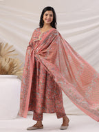 Janasya Pleated Poly Cotton Peach Floral V-Neck Kurta,Bottom & Dupatta