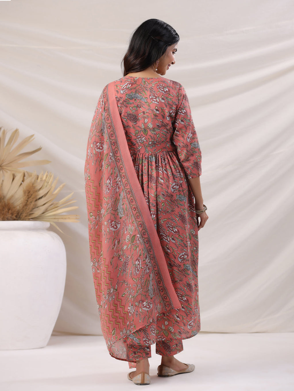 Janasya Pleated Poly Cotton Peach Floral V-Neck Kurta,Bottom & Dupatta