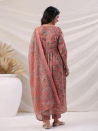 Janasya Pleated Poly Cotton Peach Floral V-Neck Kurta,Bottom & Dupatta