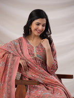 Janasya Pleated Poly Cotton Peach Floral V-Neck Kurta,Bottom & Dupatta