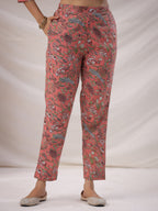 Janasya Pleated Poly Cotton Peach Floral V-Neck Kurta,Bottom & Dupatta