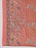 Janasya Pleated Poly Cotton Peach Floral V-Neck Kurta,Bottom & Dupatta