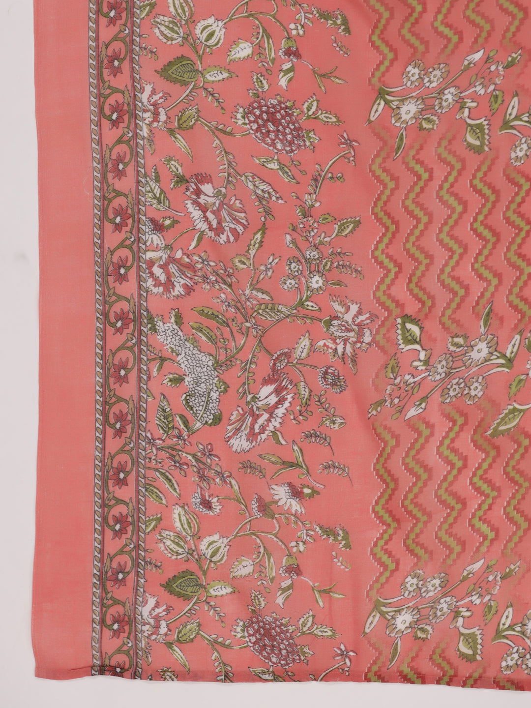 Janasya Pleated Poly Cotton Peach Floral V-Neck Kurta,Bottom & Dupatta
