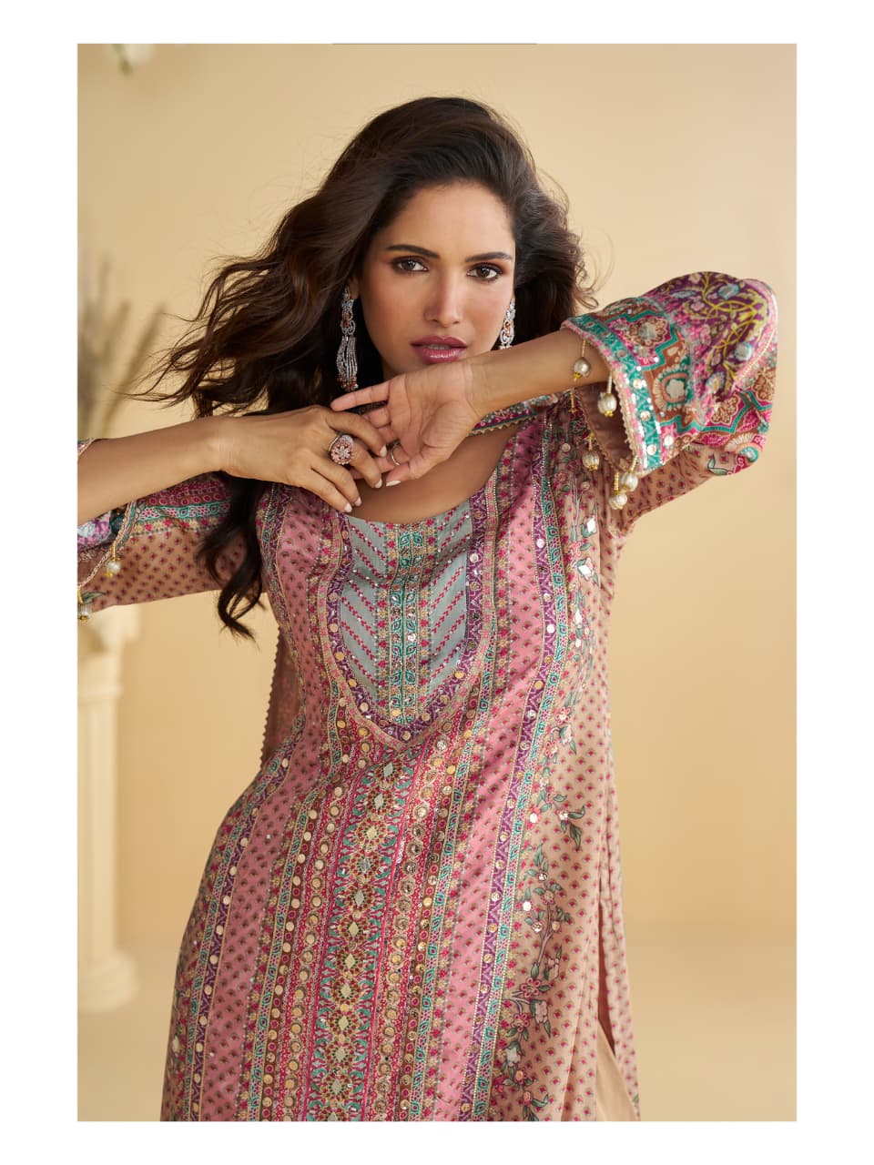 Aarshi Fashions Peach Heavy Crepe Digital Print Palazzo Suits - Distacart