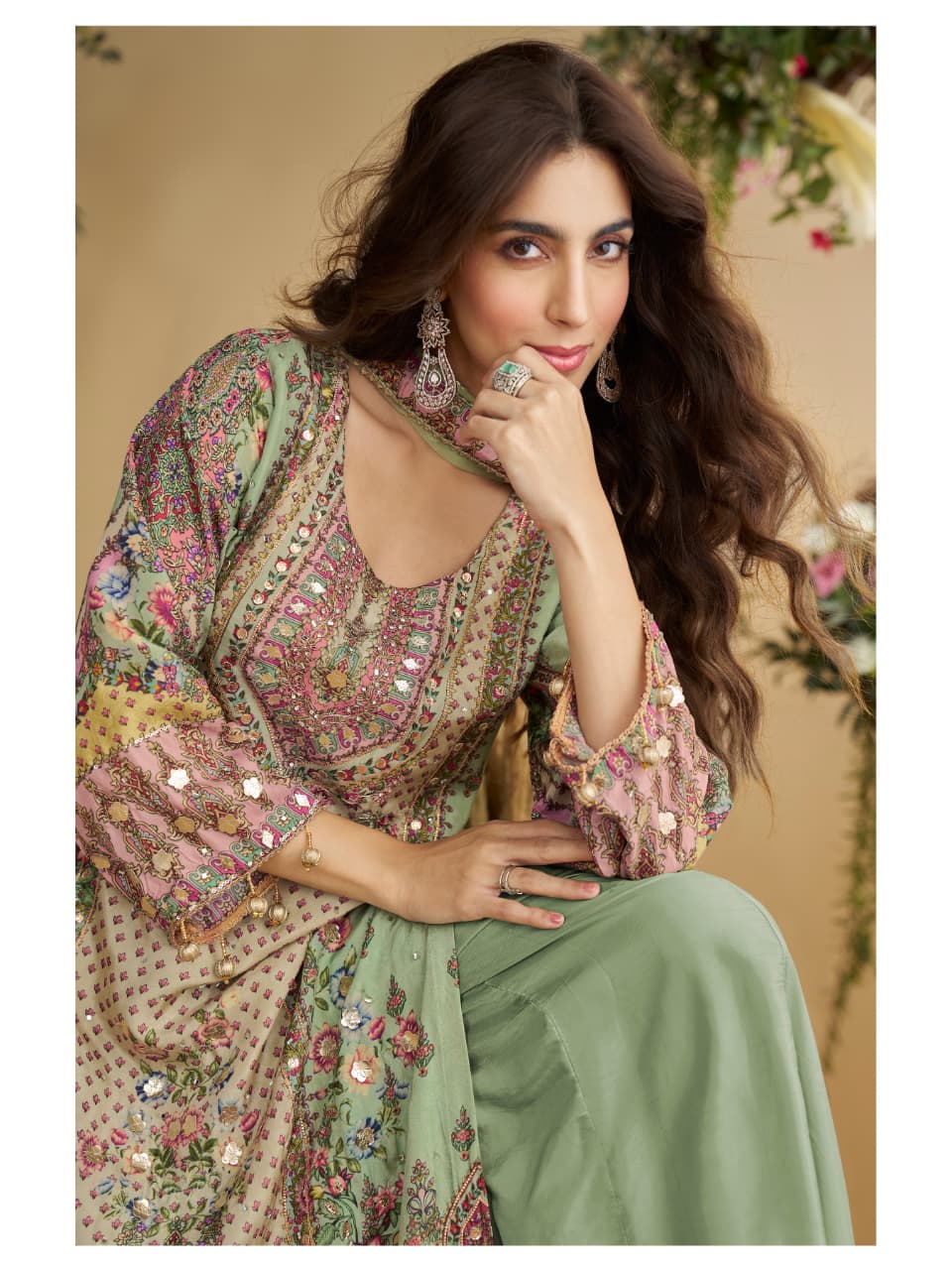 Aarshi Fashions Green Heavy Crepe Digital Print Palazzo Suits