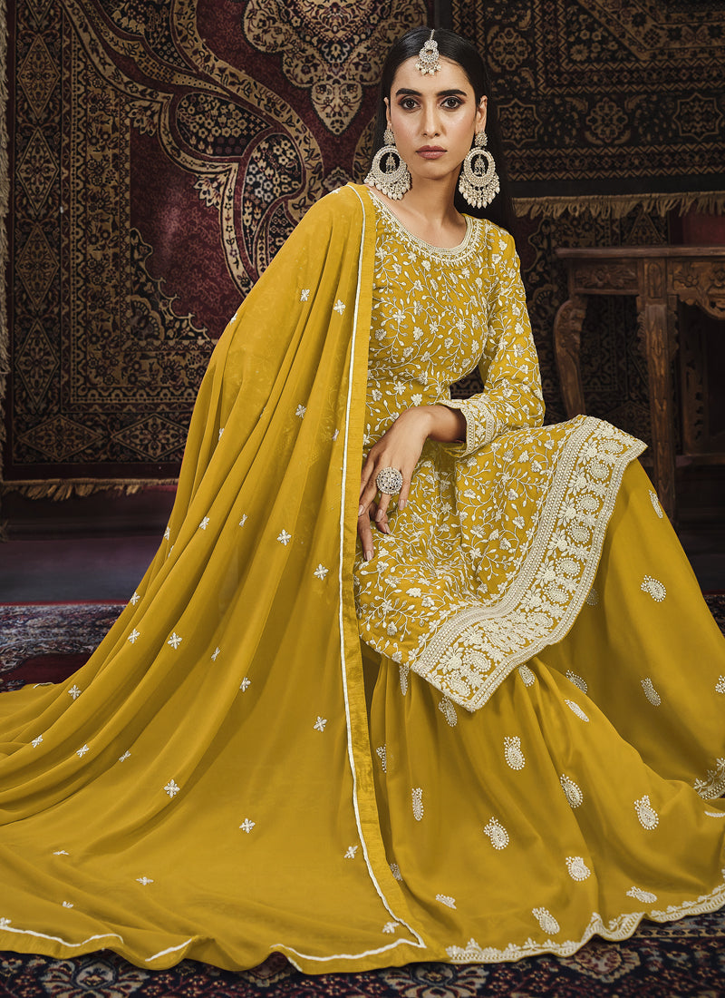 Vegaa Fashion Designer Yellow Faux Georgette Sharara Suit - Distacart