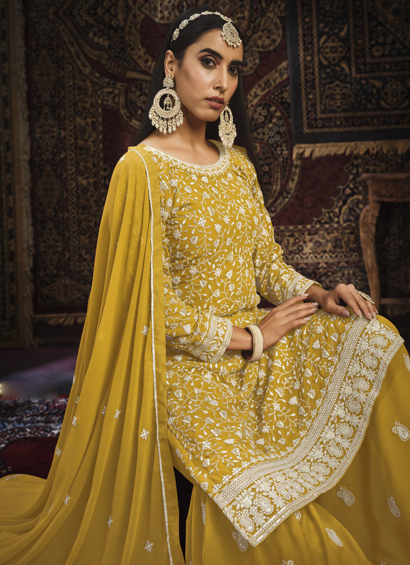 Vegaa Fashion Designer Yellow Faux Georgette Sharara Suit - Distacart