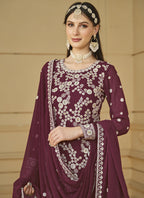 Vegaa Fashion Designer Wine Faux Georgette Embroidery Sharara Suit - Distacart