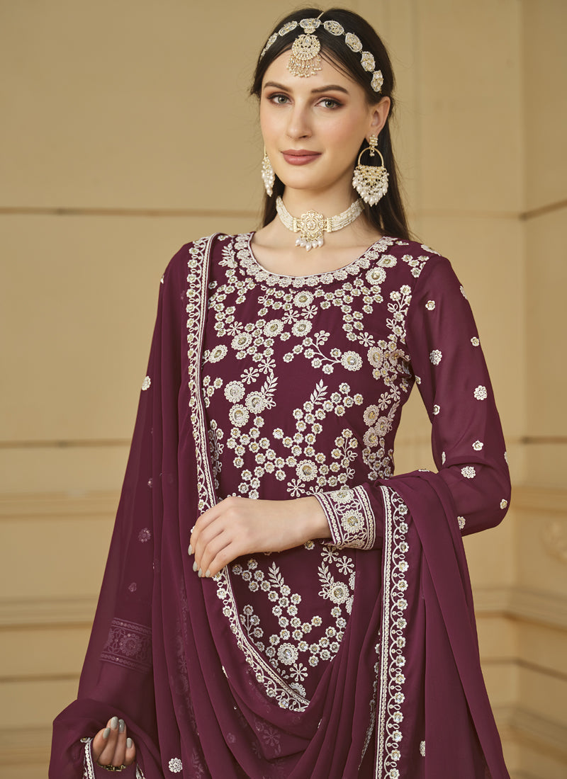 Vegaa Fashion Designer Wine Faux Georgette Embroidery Sharara Suit - Distacart