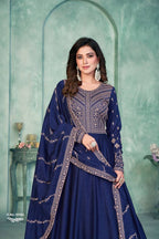 Anaita Navy Blue Embroidered Art Silk Anarkali Suit - Distacart