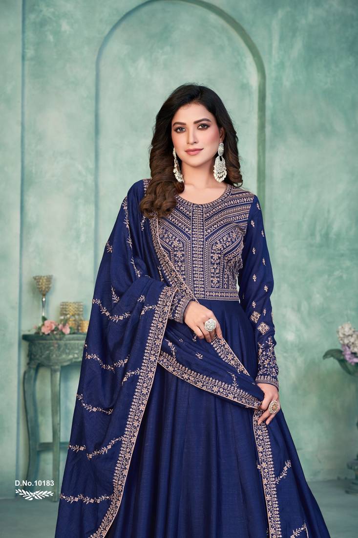 Anaita Navy Blue Embroidered Art Silk Anarkali Suit - Distacart