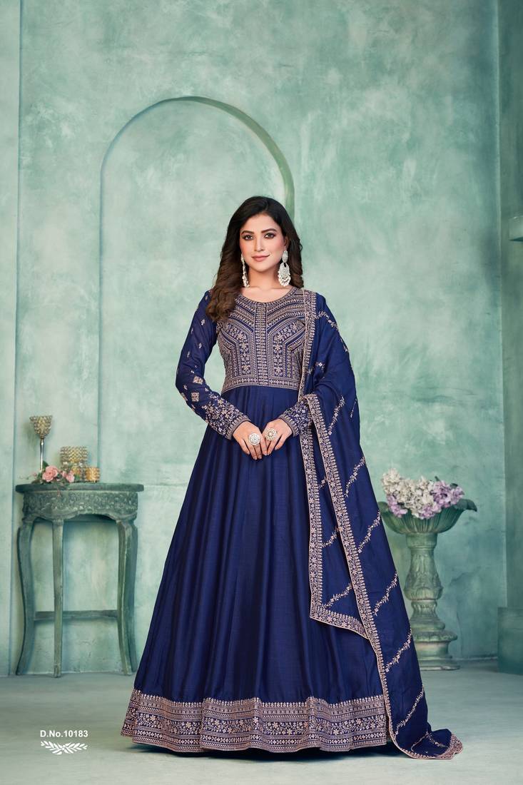 Anaita Navy Blue Embroidered Art Silk Anarkali Suit - Distacart