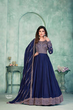 Anaita Navy Blue Embroidered Art Silk Anarkali Suit - Distacart