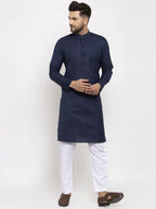 Jompers Men's Navy-Blue & White Solid Kurta Only
