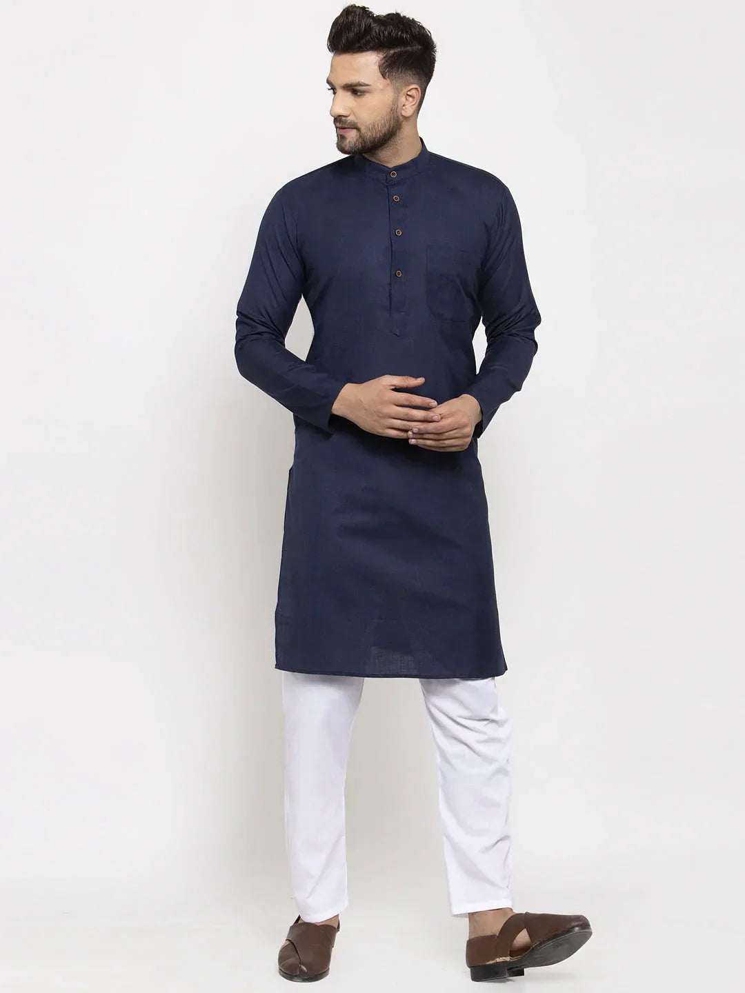 Jompers Men's Navy-Blue & White Solid Kurta Only