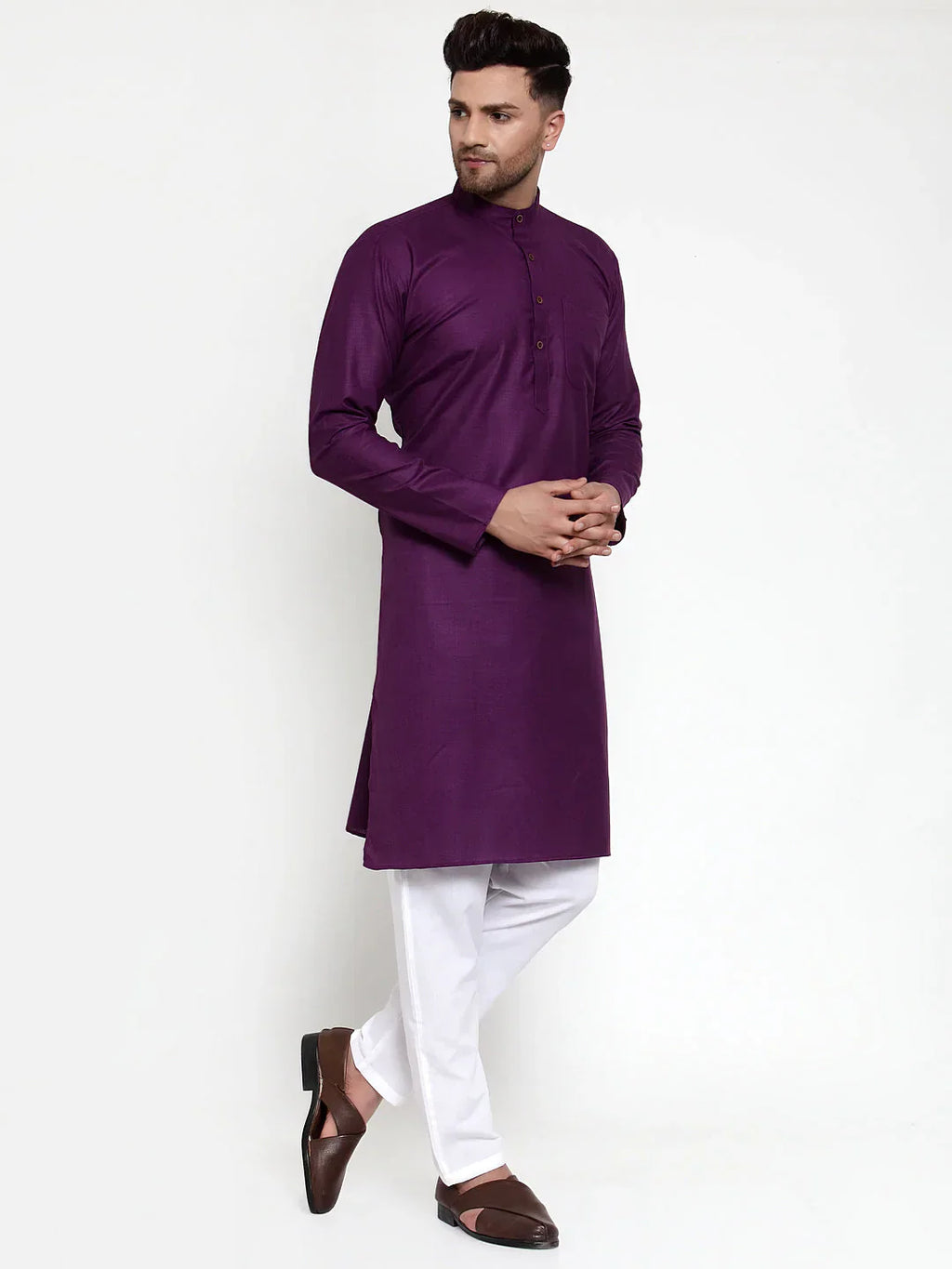 Jompers Men's Purple & White Solid Kurta Only