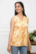 Myshka Women Mustard Floral V-Neck No Sleeves Polyester Top - Distacart