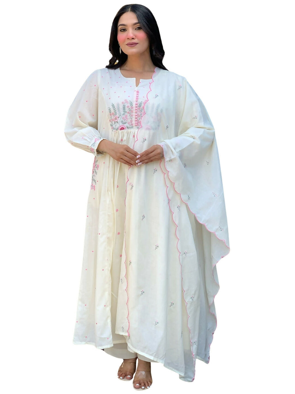The52 White Women's Beautiful Cotton Fabric Thread Work Straight Kurta Pant and Dupatta Set - Distacart