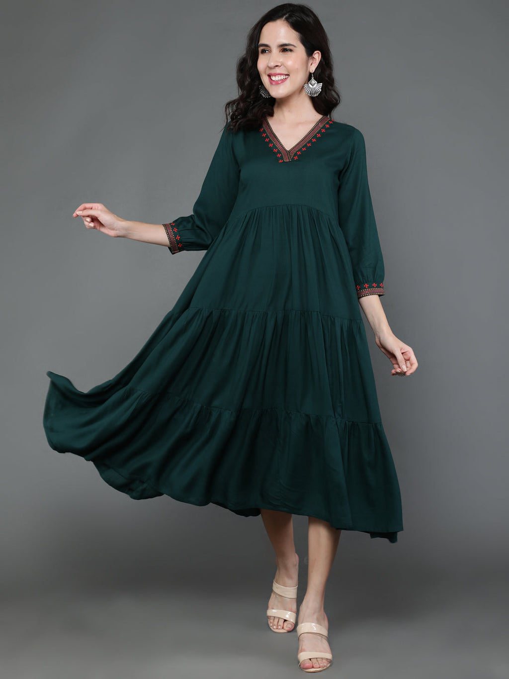 Antaran Dark Green Rayon Embroidered Dress - Distacart