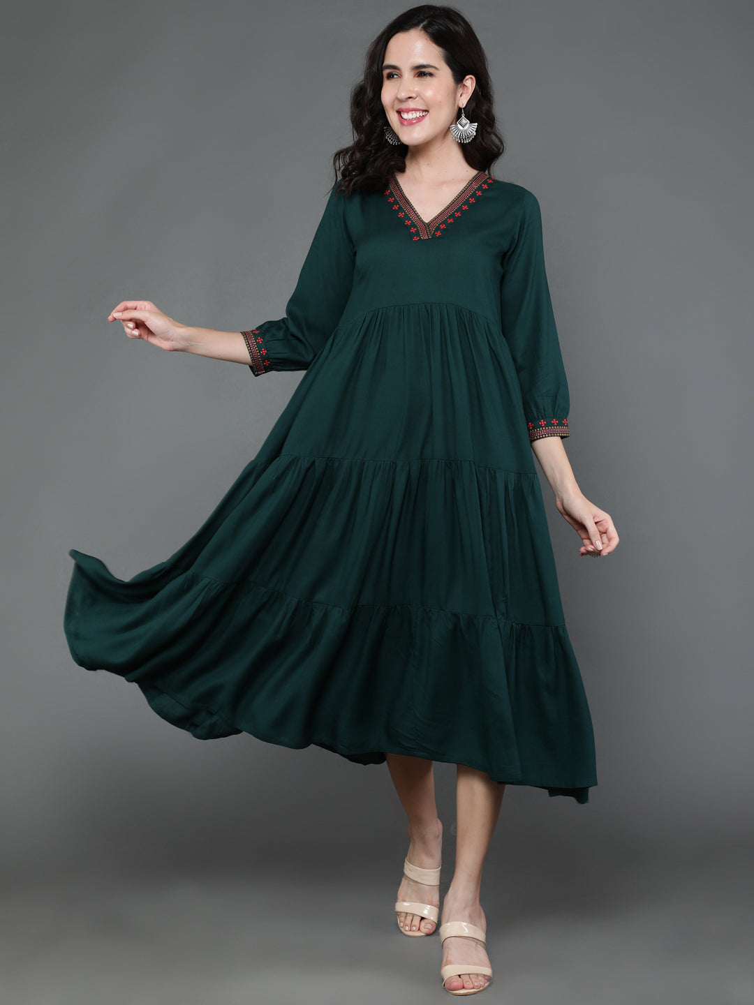Antaran Dark Green Rayon Embroidered Dress - Distacart