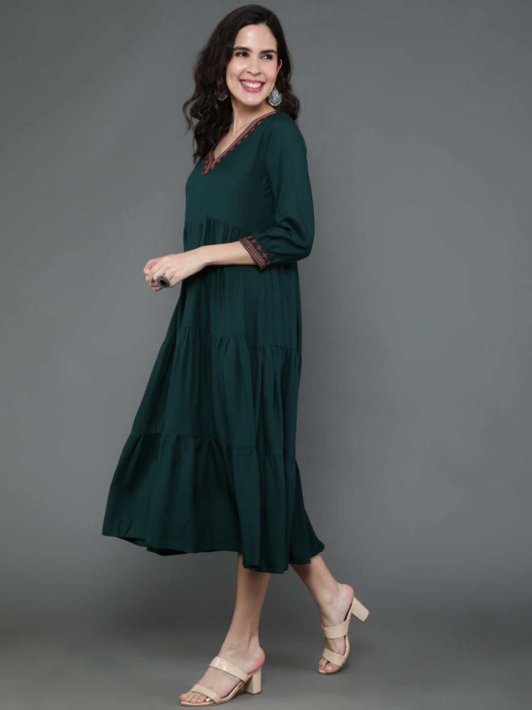 Antaran Dark Green Rayon Embroidered Dress - Distacart