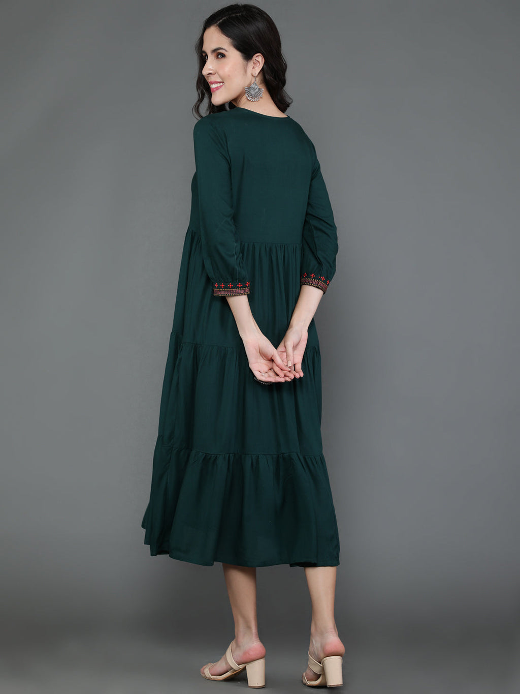 Antaran Dark Green Rayon Embroidered Dress - Distacart