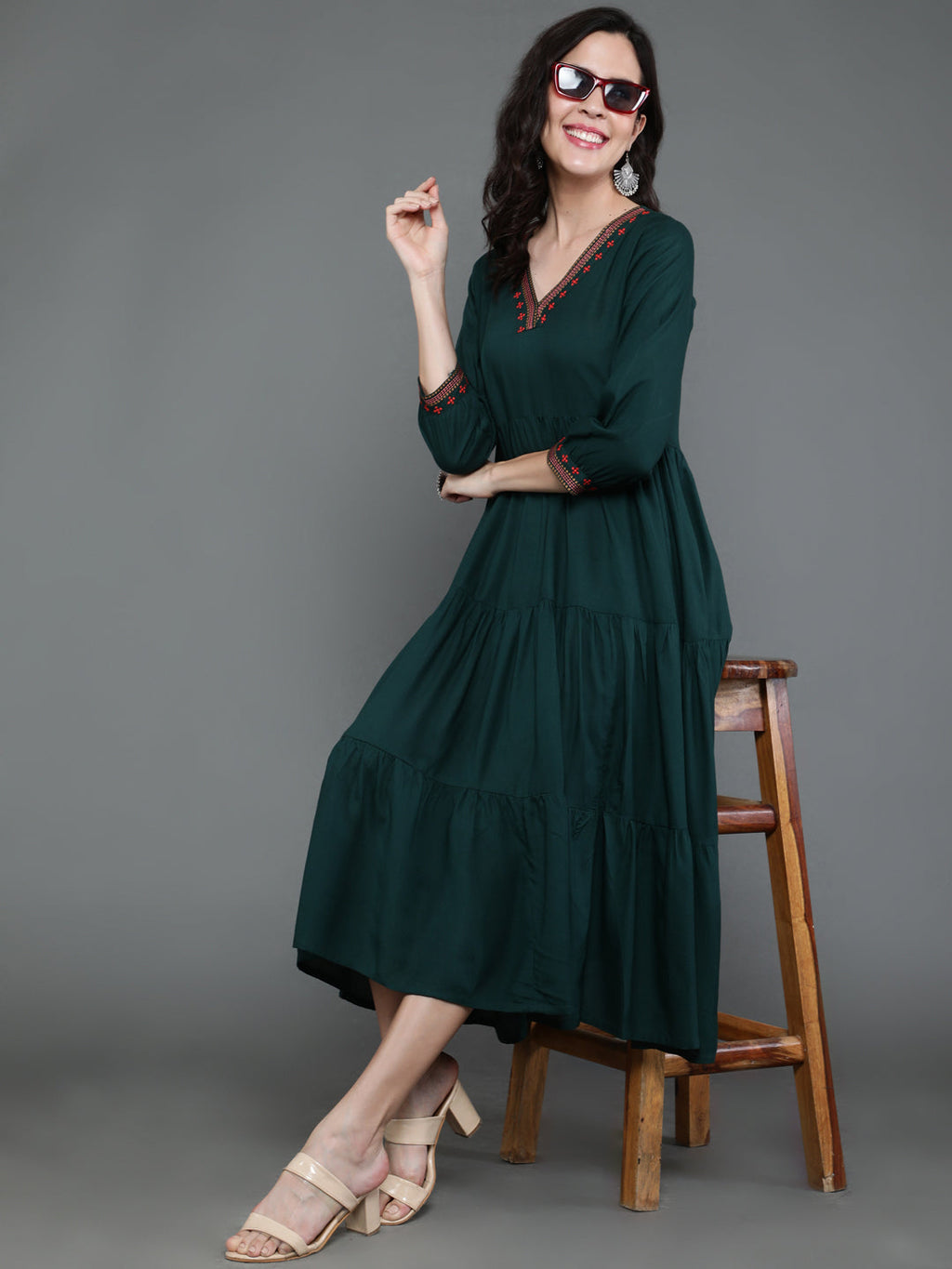 Antaran Dark Green Rayon Embroidered Dress - Distacart