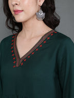 Antaran Dark Green Rayon Embroidered Dress - Distacart