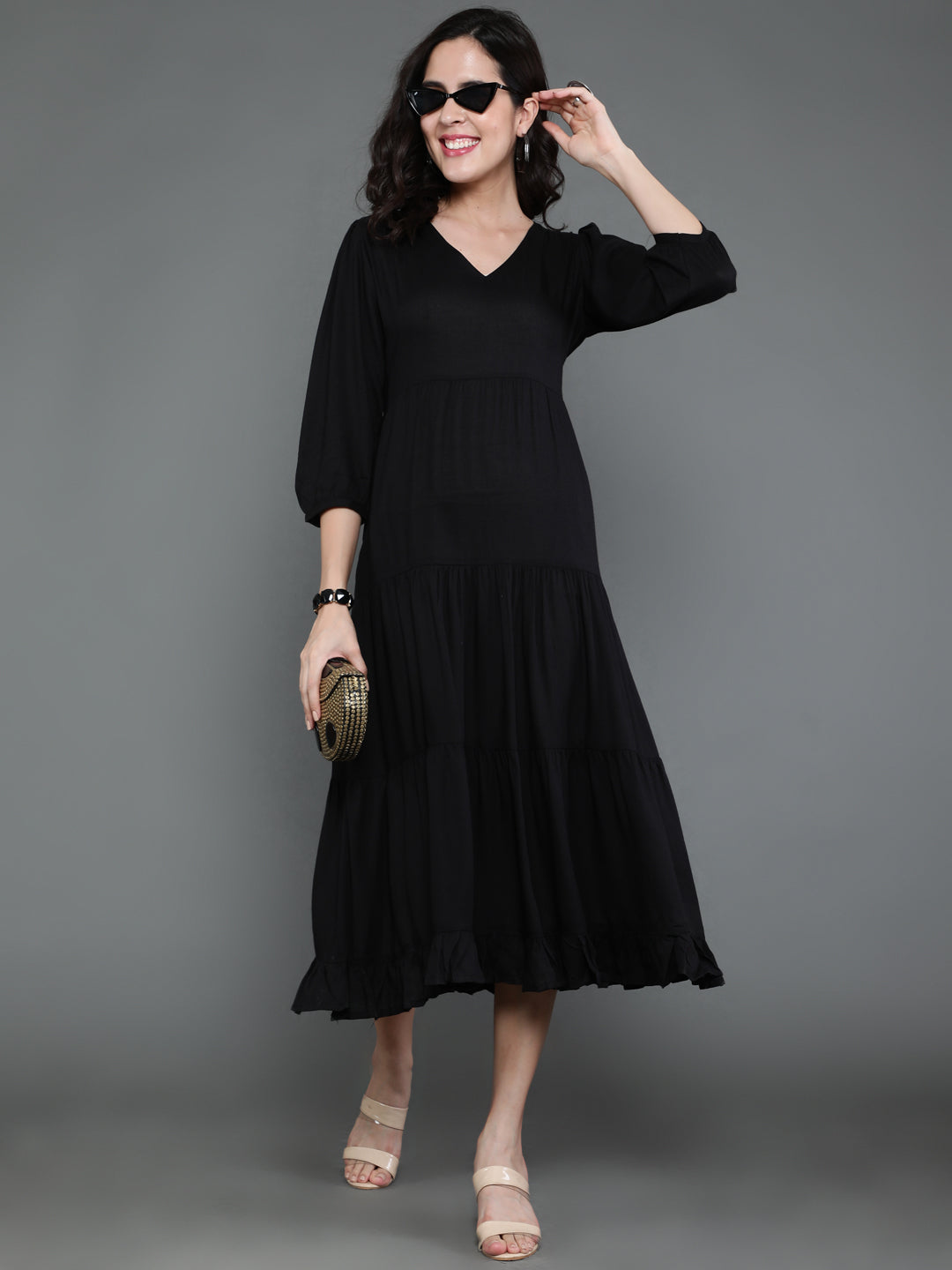 Antaran Black Rayon Flared Solid Black Dress - Distacart