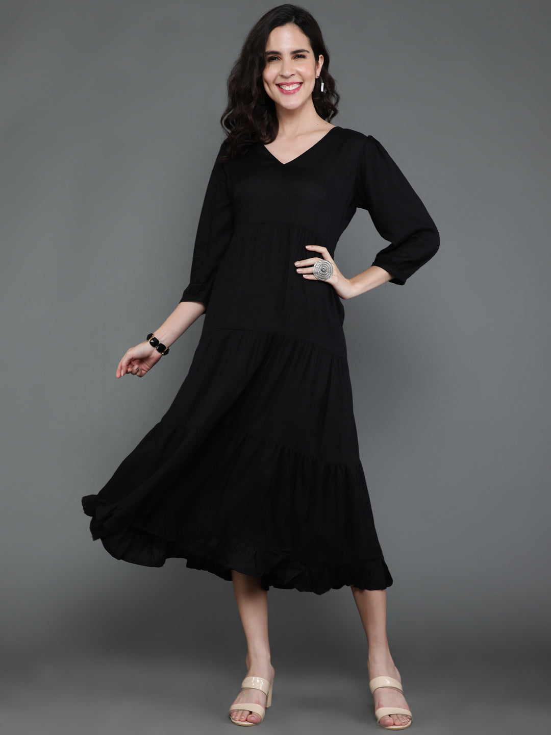 Antaran Black Rayon Flared Solid Black Dress - Distacart