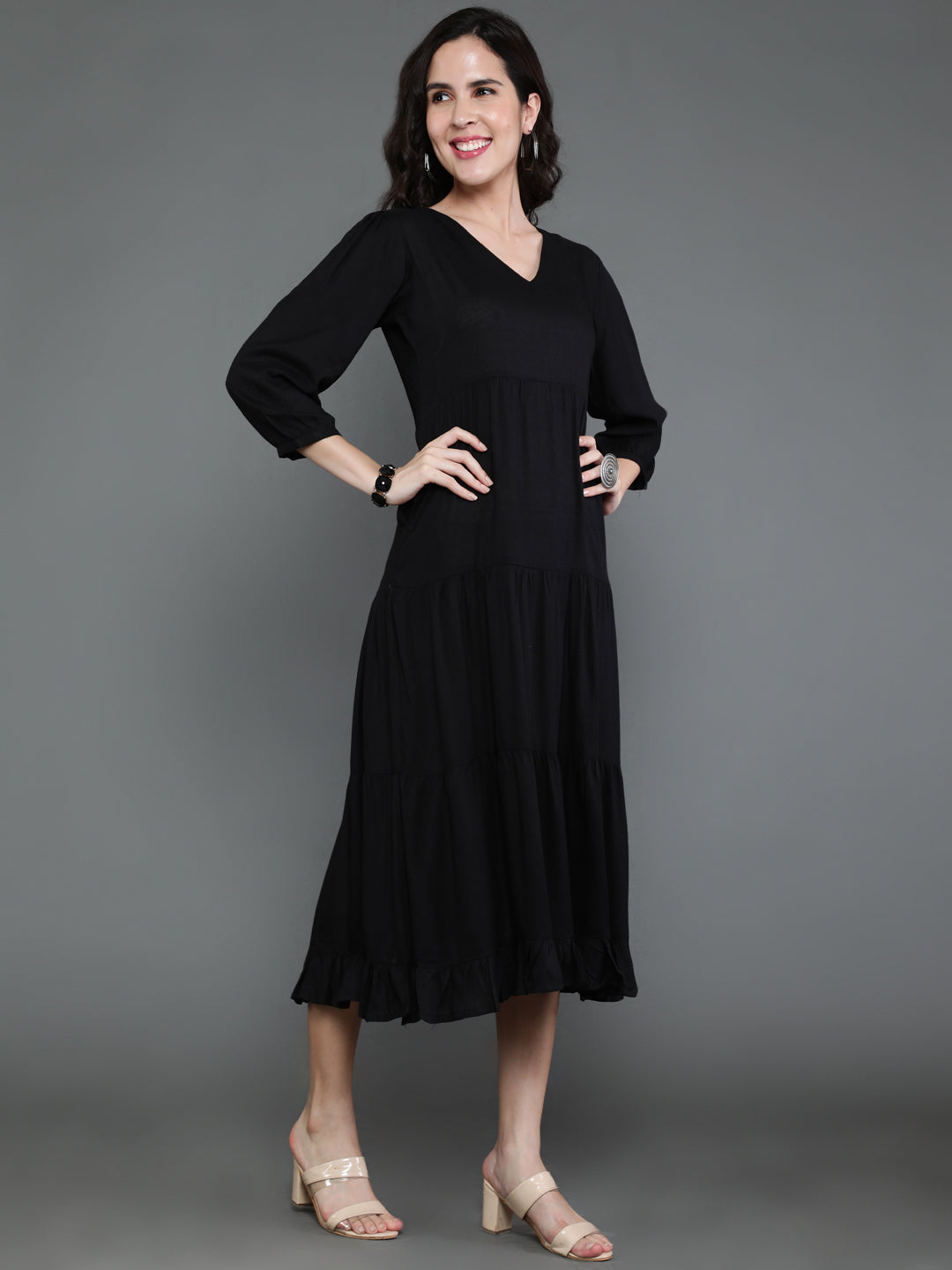 Antaran Black Rayon Flared Solid Black Dress - Distacart