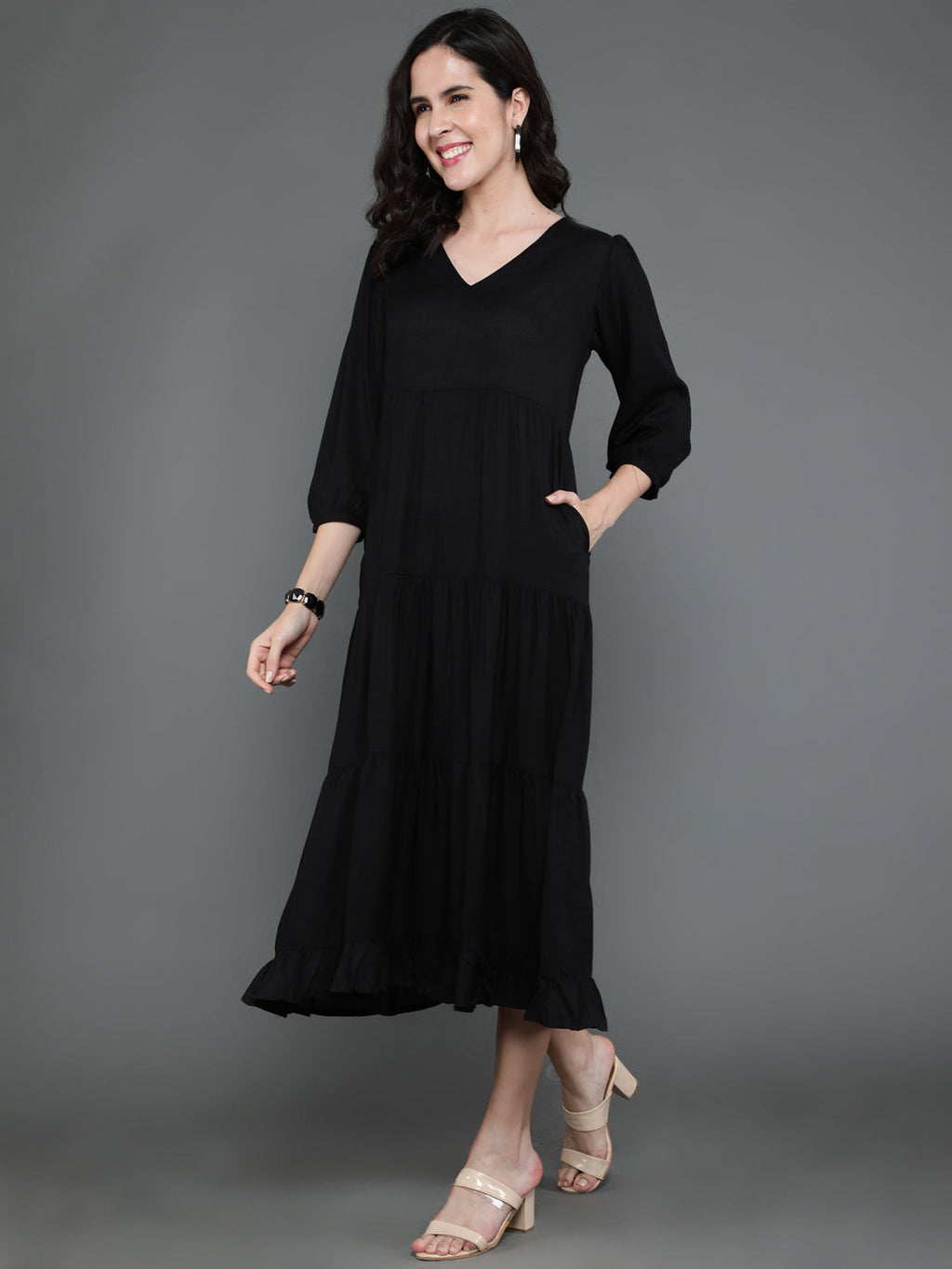 Antaran Black Rayon Flared Solid Black Dress - Distacart