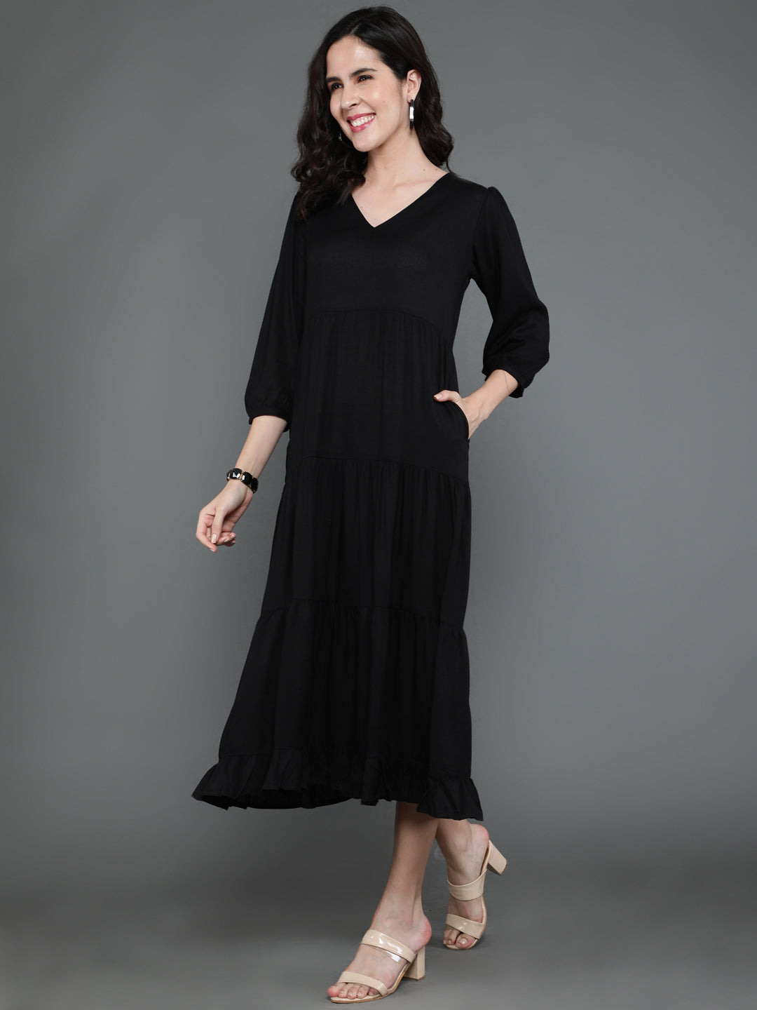 Antaran Black Rayon Flared Solid Black Dress - Distacart