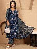 Antaran Blue Pure Cotton Embellished Kurta Pant & Dupatta Set - Distacart