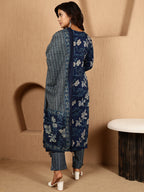 Antaran Blue Pure Cotton Embellished Kurta Pant & Dupatta Set - Distacart