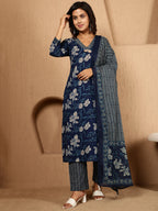 Antaran Blue Pure Cotton Embellished Kurta Pant & Dupatta Set - Distacart