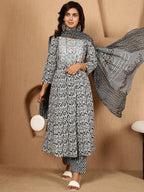 Antaran Blue Cotton Blend Embellished Kurta Pant & Dupatta Set - Distacart