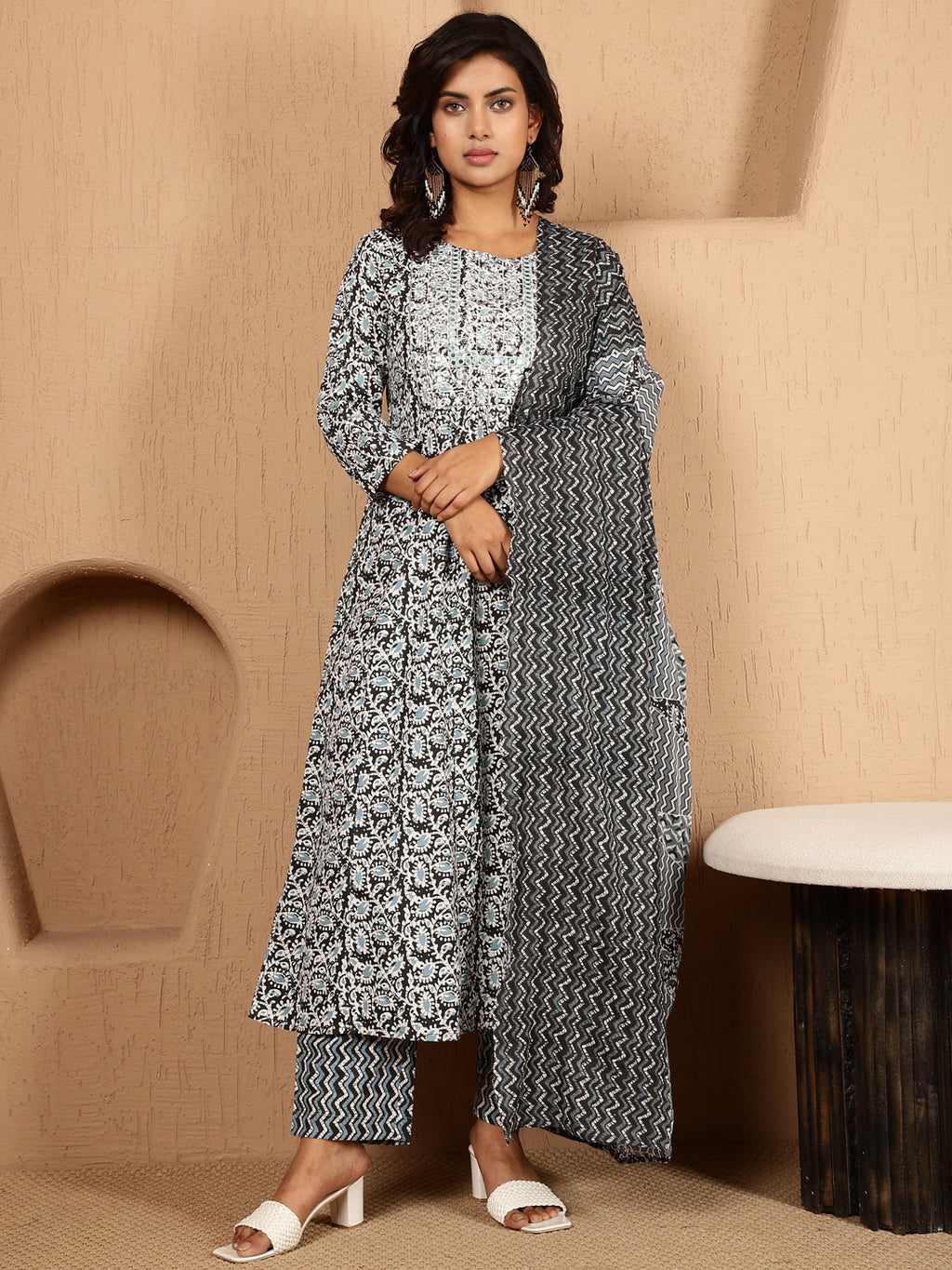Antaran Blue Cotton Blend Embellished Kurta Pant & Dupatta Set - Distacart