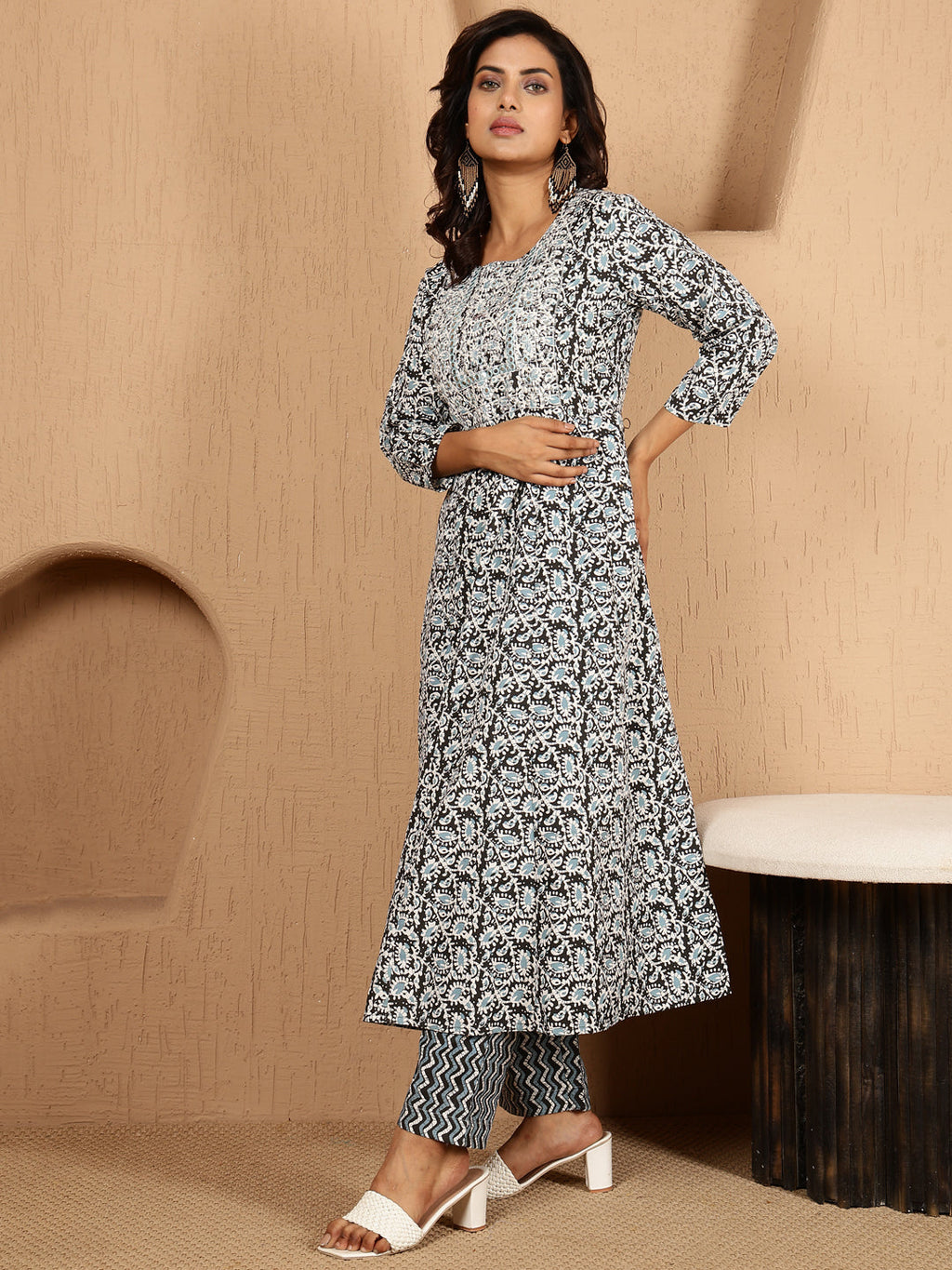 Antaran Blue Cotton Blend Embellished Kurta Pant & Dupatta Set - Distacart