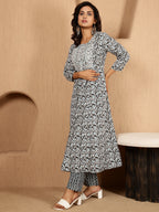 Antaran Blue Cotton Blend Embellished Kurta Pant & Dupatta Set - Distacart
