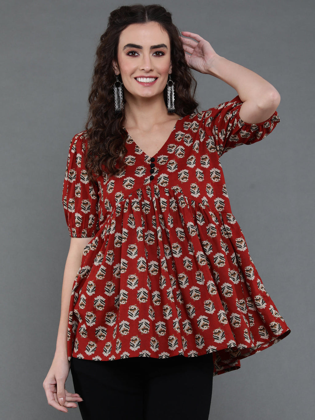 Antaran Brown/Rust Pure Cotton Aliacut Printed Top