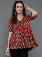 Antaran Brown/Rust Pure Cotton Aliacut Printed Top