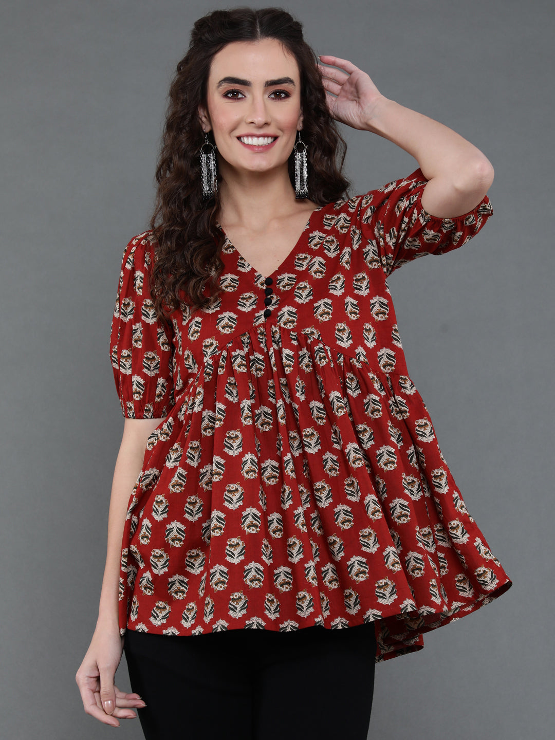 Antaran Brown/Rust Pure Cotton Aliacut Printed Top