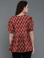 Antaran Brown/Rust Pure Cotton Aliacut Printed Top