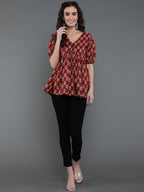 Antaran Brown/Rust Pure Cotton Aliacut Printed Top