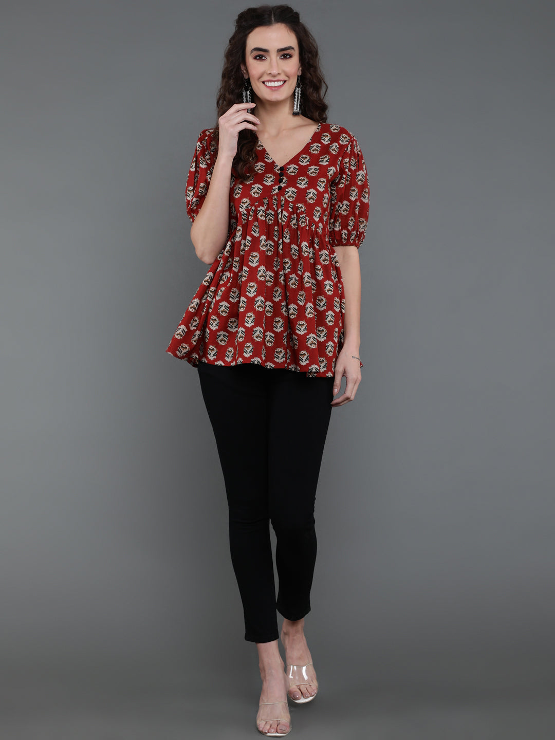 Antaran Brown/Rust Pure Cotton Aliacut Printed Top