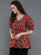 Antaran Brown/Rust Pure Cotton Aliacut Printed Top